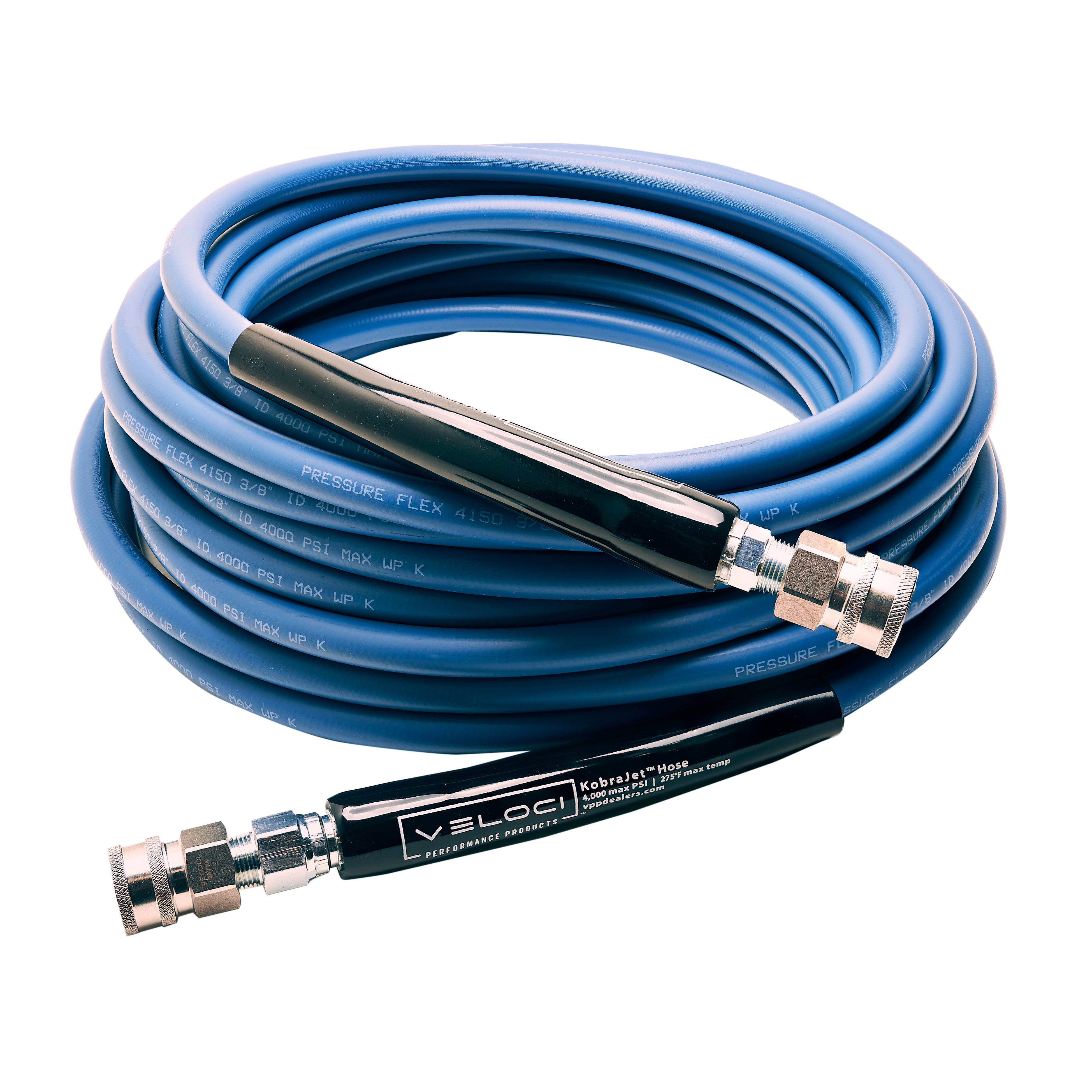 3/8" Kobrajet Smooth Blue Hose, 4000 PSI, 25 FT, Non-Marked, Stainless Steel Couplers.