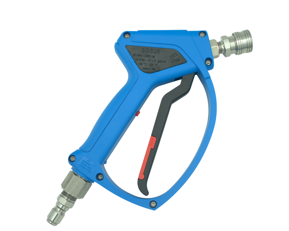 MTM Hydro SGS28 Blue Spray Gun, 4000 PSI, 12 GPM, Live Swivel, SS PRIMA Fittings Installed