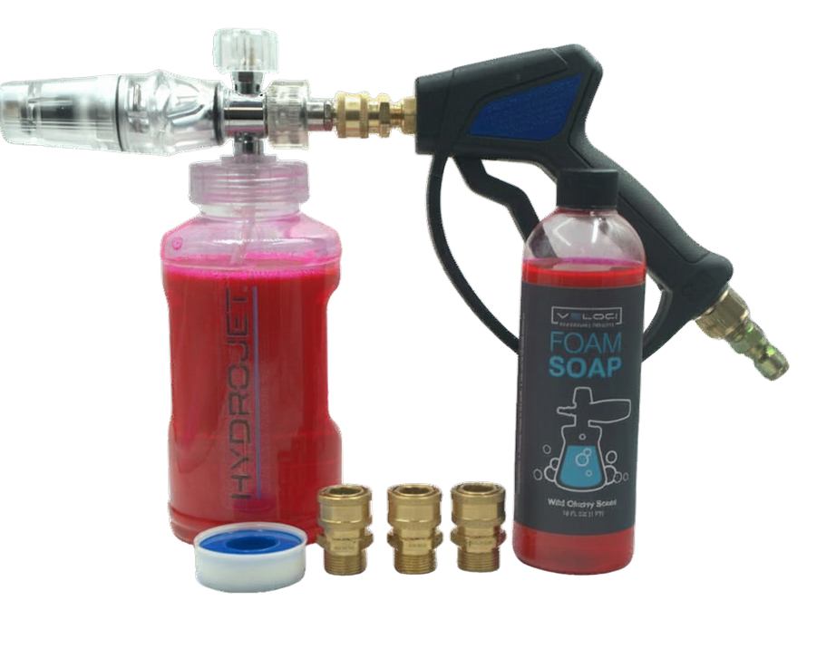HydroJet Clear Foam Cannon, MTM Hydro SG28 Spray Gun, Soap, and Brass Fittings