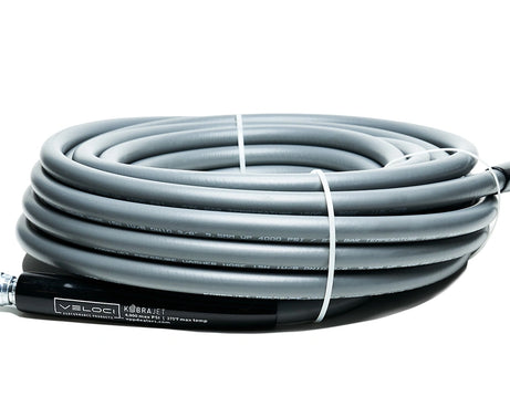 3/8" Kobrajet Smooth Gray Hose, 4000 PSI, 75 FT, Non-Marked, Male Swiveling Inlet and Fixed Outlet.